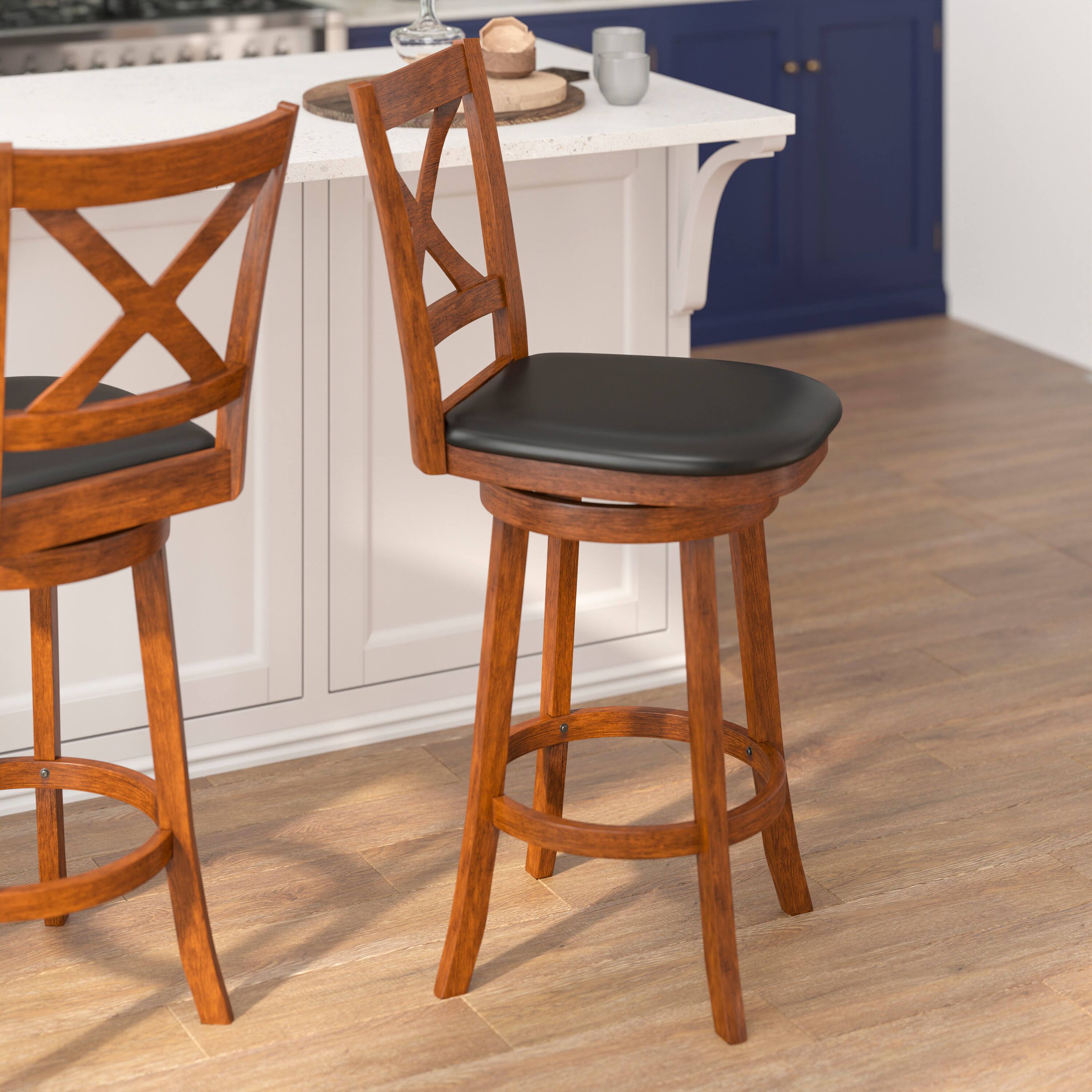 Alt View 2. Flash Furniture - Felicity Commercial Grade Wood Classic Crossback Swivel Bar Height Barstool with Padded Black LeatherSoft Seat, Antique - Brown.