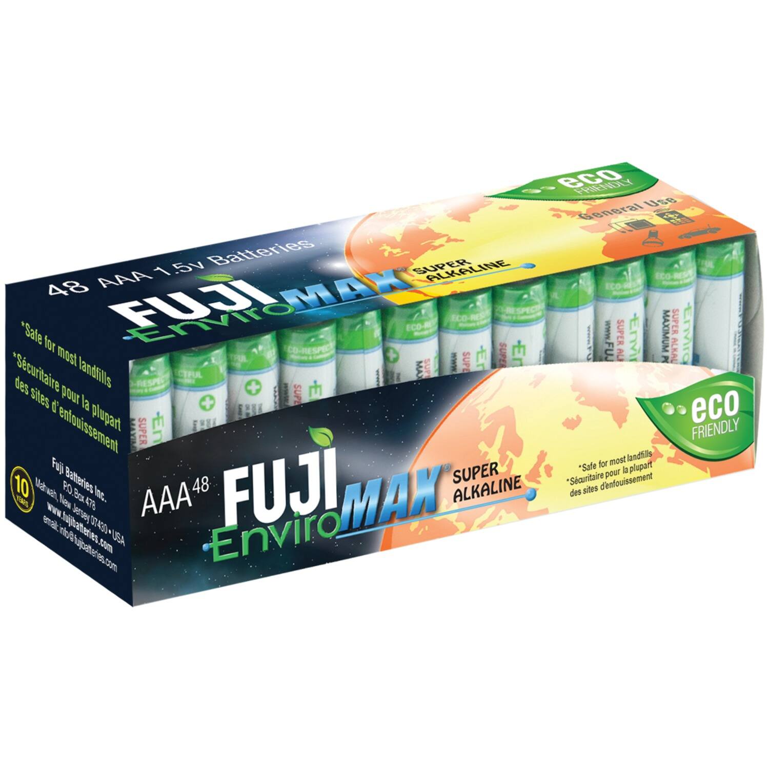 Sure, here is the corrected and grouped text from the image:

---

**FUJI MAX**

**AAA 1.5v Batteries**

**48 AAA**

**SUPER ALKALINE**

**Eco Friendly**

**General Use**

**Safe for most landfills**

**Sécuritaire pour la plupart des sites d'enfouissement**

**FUJI BATTERIES INC.**

**Mahesh, New Jersey 07450, USA**

**www.fujibatteries.com**

**email: info@fujibatteries.com**

**10 Year Warranty**

**eco FRIENDLY**

**SUPER ALKALINE**

**Safe for most landfills**

**Sécuritaire pour la plupart des sites d'enfouissement**

**www.fujibatteries.com**

**email: info@fujibatteries.com**

---

This text is organized to reflect the information on the packaging, including the brand, product details, safety information, and contact details.