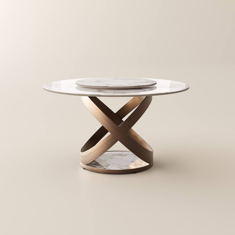 Alt View 9. POVISON - 51" Modern White Dining Table for 4 with Lazy Susan, Glossy Round Sintered Stone Tabletop, Bronze X Carbon Steel Base - White Glossy Sintered Stone with Bronze.