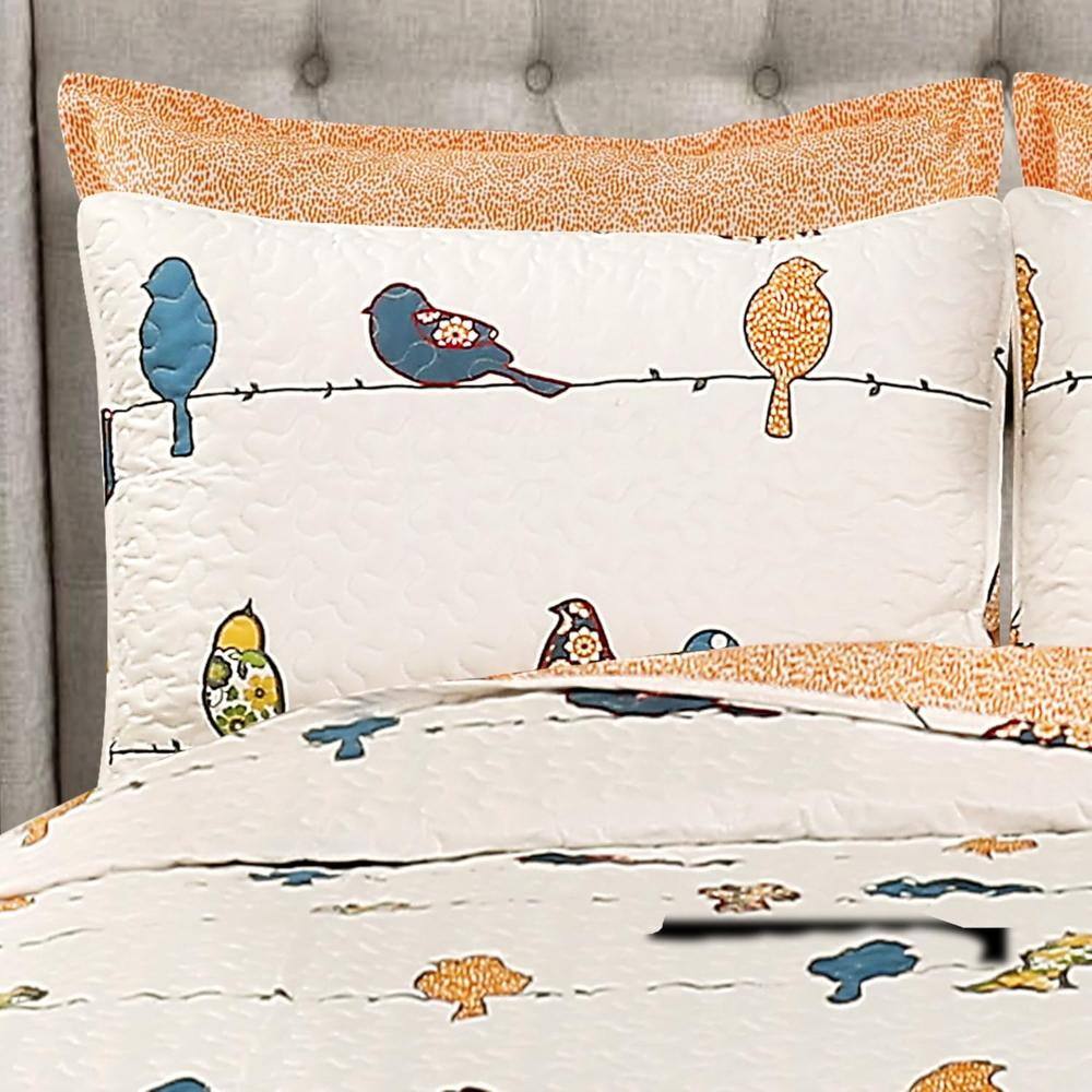 Alt View 2. Hivvago - King size Orange White Blue Floral Birds On Wire 7 Piece Lightweight Quilt Set - Orange White Blue.