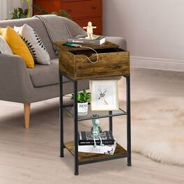 Oumilen - Rustic Lift-Top End Table with Built-in Charging Station - Brown