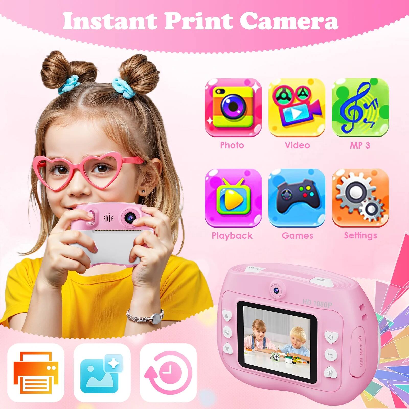 Instant Print Camera

- Photo
- Video
- MP3
- Playback
- Games
- Settings

HD 1080P

USB Micro SD