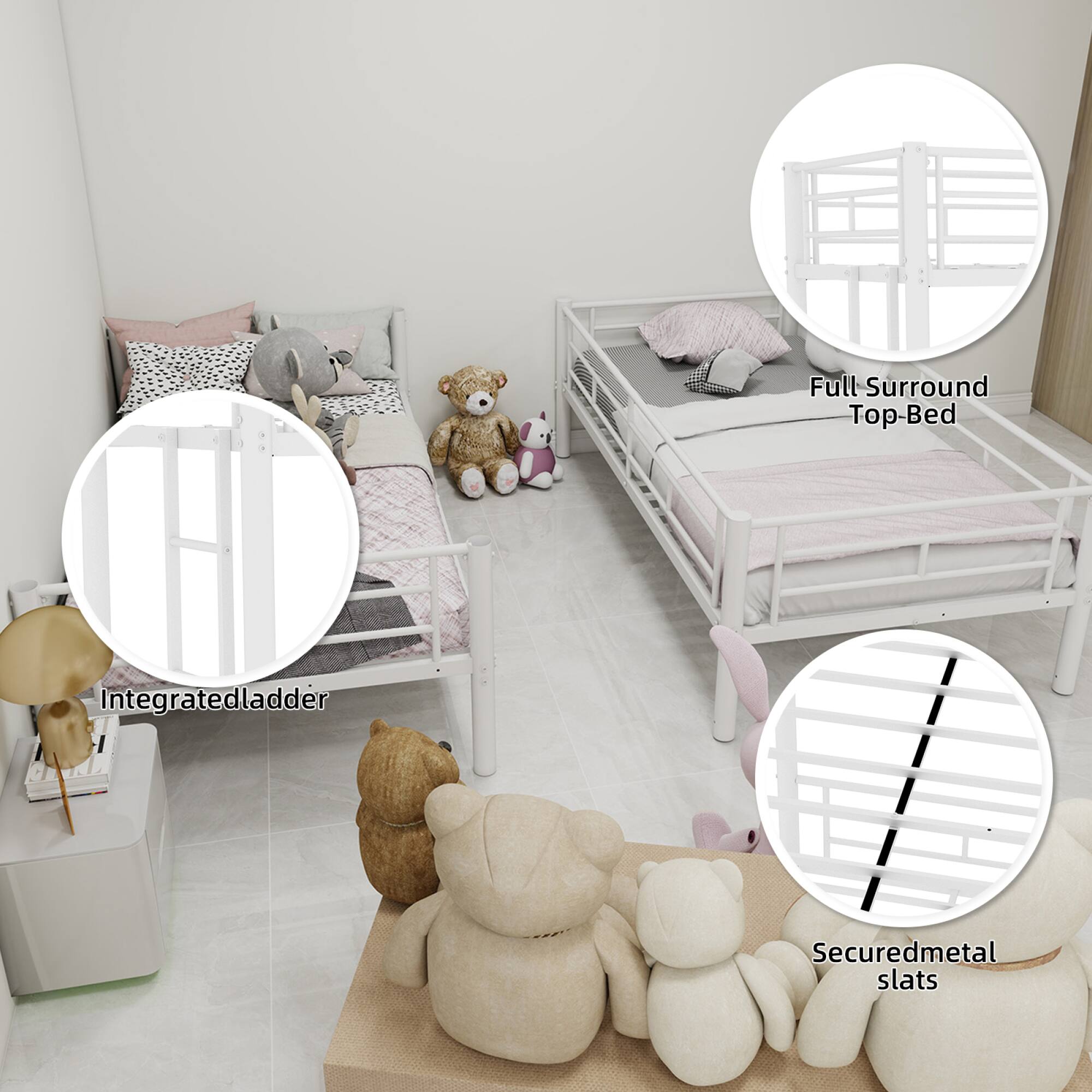 - Full Surround Top-Bed
- Integrated Ladder
- Secured Metal Slats