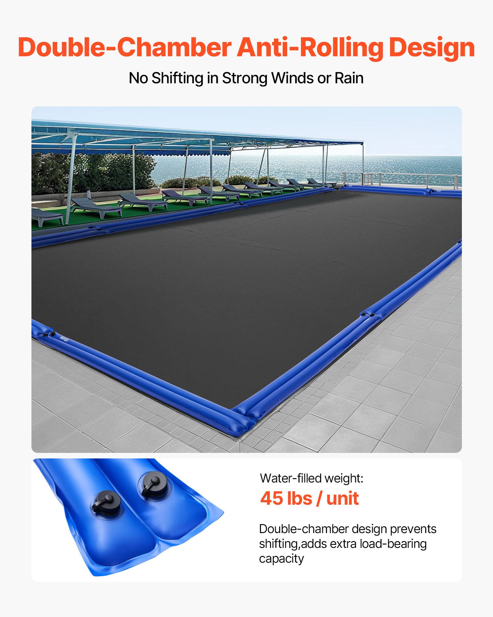 Double-Chamber Anti-Rolling Design  
No Shifting in Strong Winds or Rain  

Water-filled weight:  
45 lbs / unit  

Double-chamber design prevents shifting, adds extra load-bearing capacity