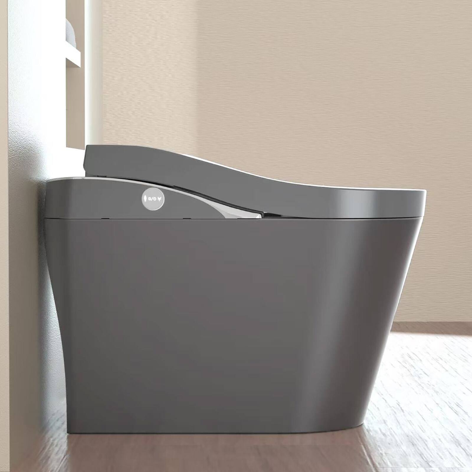 Left. TinyHomie - Tankless Modern Smart Toilet With Bidet Auto Flush Auto OpenClose Heated Seat Warm Water and Dry Foam Shield Function - Gray.