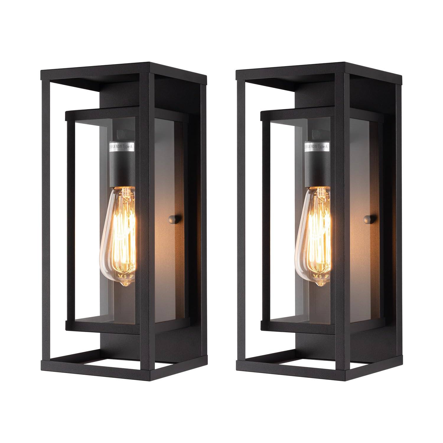 Front. Comfort Essence - Classic Outdoor Wall Sconce Light In Matte Rectangular Metal Frame And Clear Glass Shade Waterproof Porch P - Matte Black 14-inch.