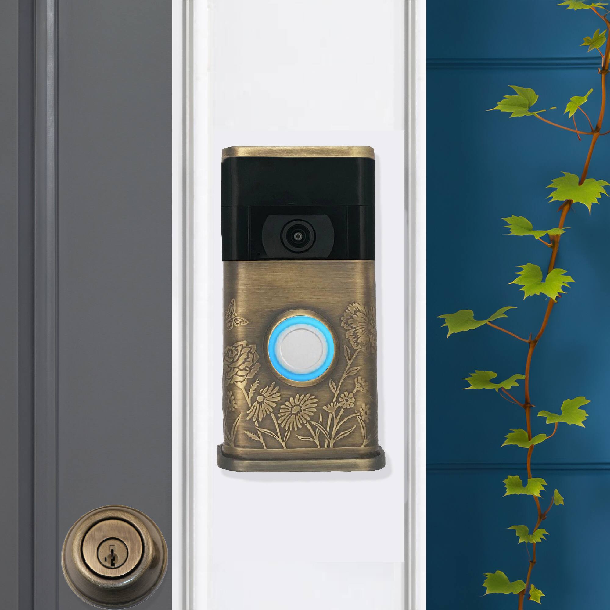 Alt View 3. Michael Healy - Garden Video Doorbell Cover (Ring 2nd Gen) - Antique Brass.