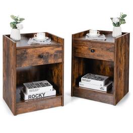 Gymax - Set of 2 Nightstand with Drawer Cabinet End Side Table Raised Top - Rustic Brown