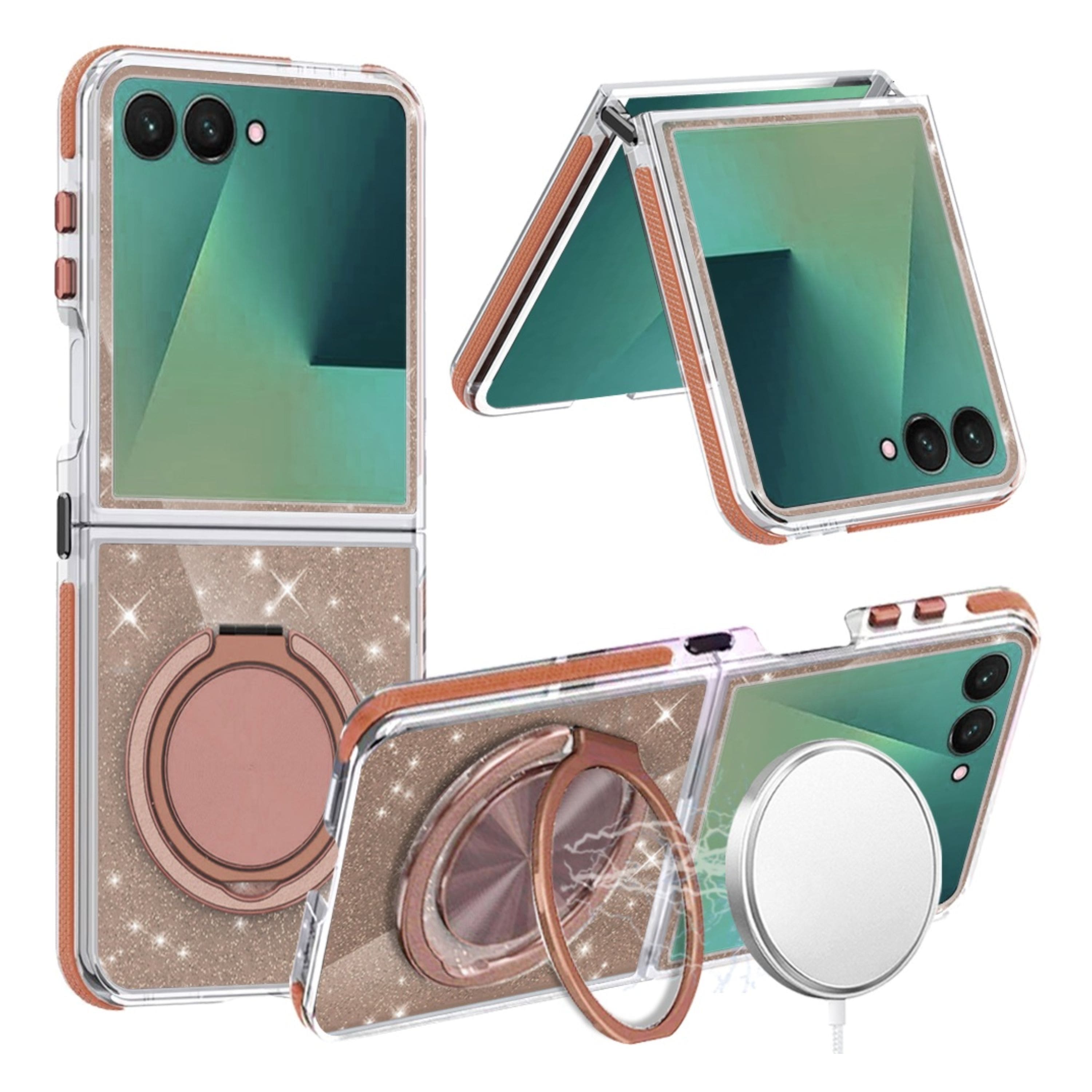 Kitcheniva - Full Glitter Magnetic Circle Case With Stand Tempered Glass For Samsung Z Flip7 - Gold