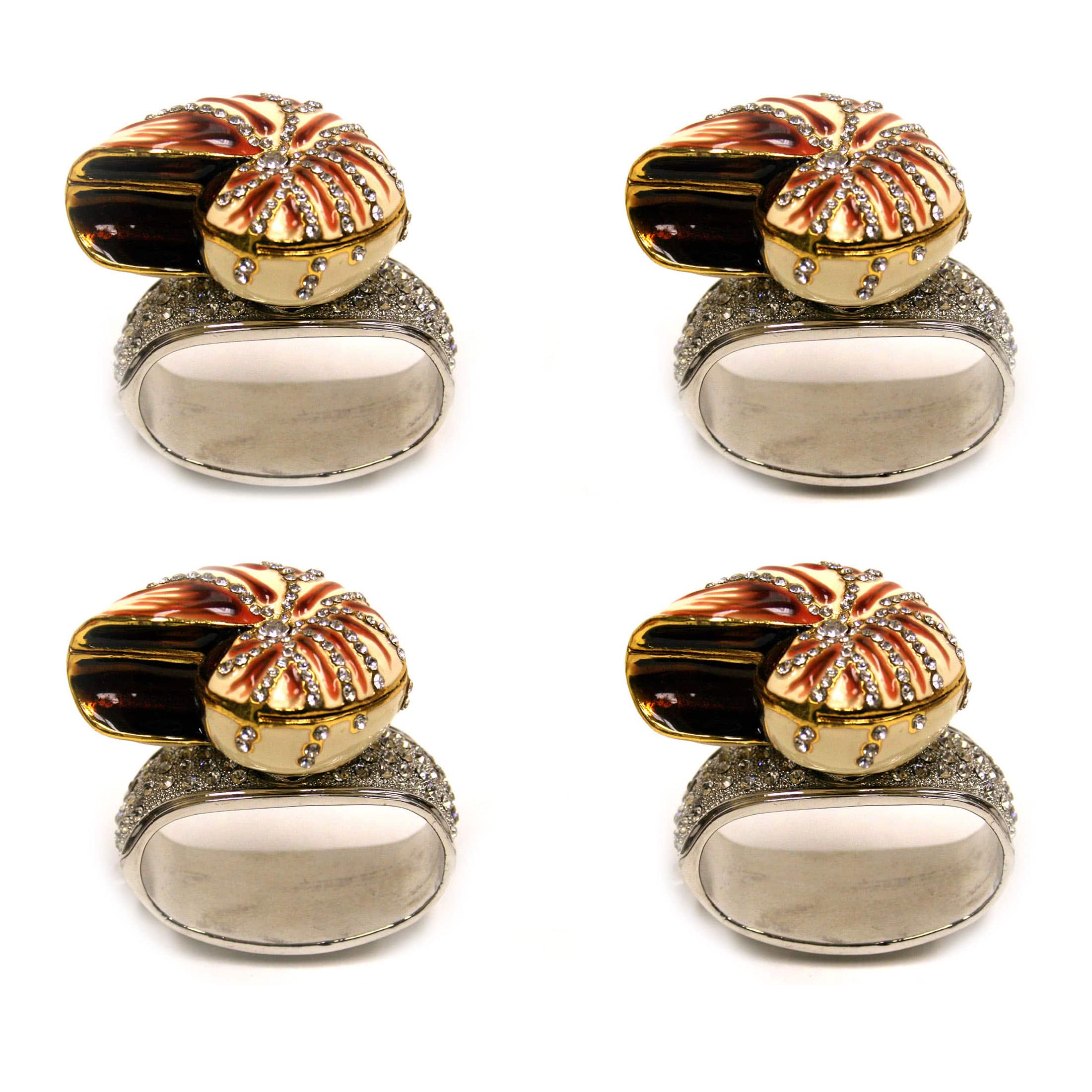 Things2Die4 - Set of 4 Rhinestone Encrusted Metal Nautilus Shell Napkin Rings - Multicolored