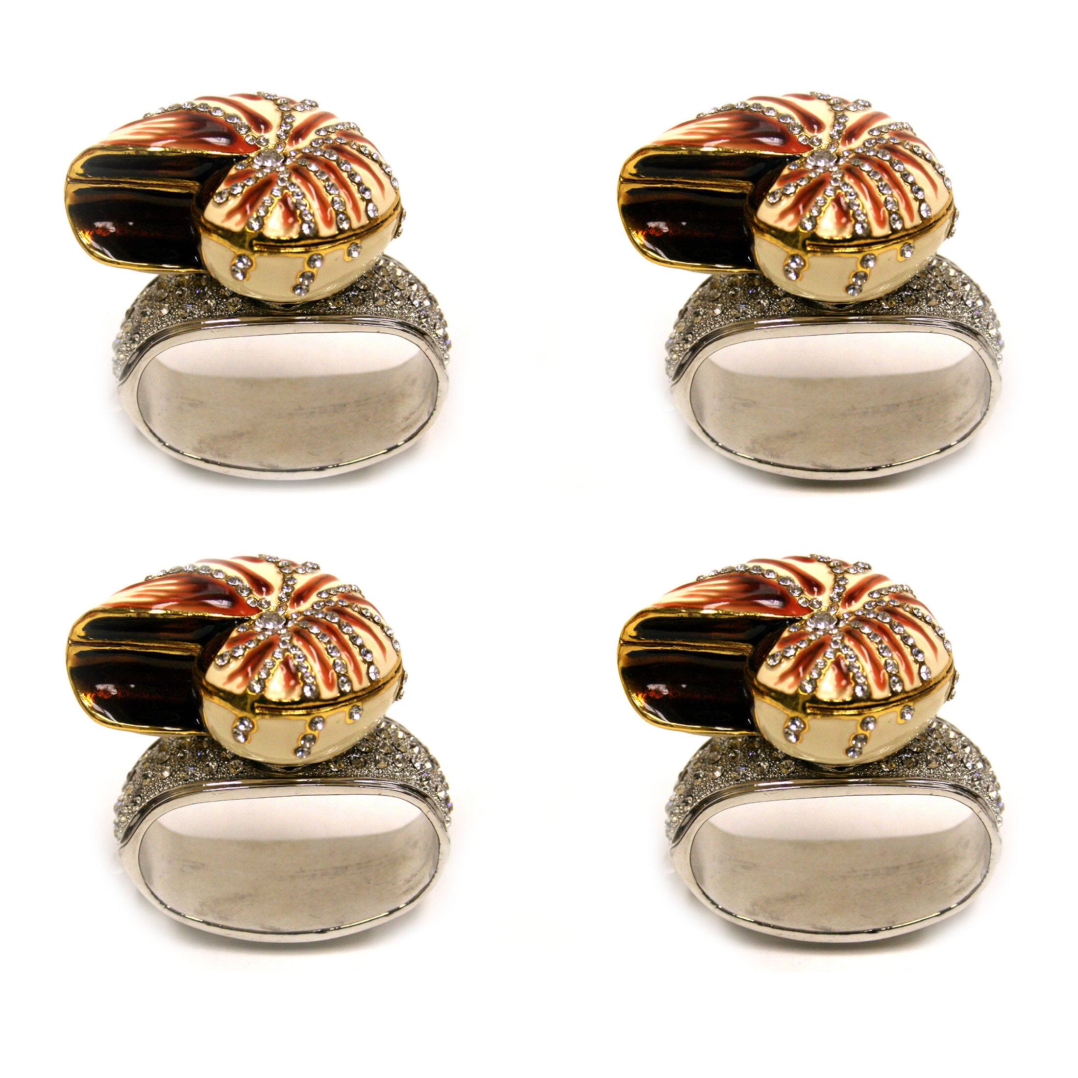 Front. Things2Die4 - Set of 4 Rhinestone Encrusted Metal Nautilus Shell Napkin Rings - Multicolored.