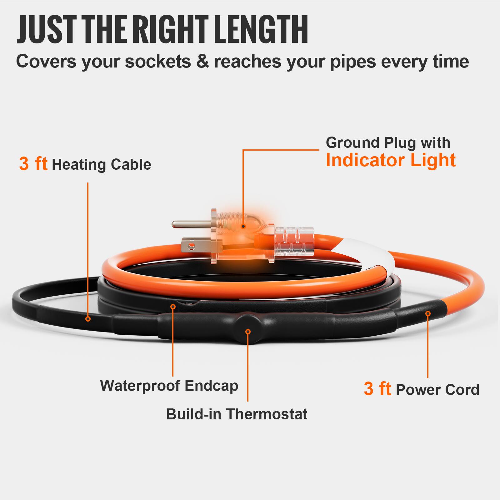 JUST THE RIGHT LENGTH  
Covers your sockets & reaches your pipes every time  
3 ft Heating Cable  
Ground Plug with Indicator Light  
Waterproof Endcap  
Build-in Thermostat  
3 ft Power Cord