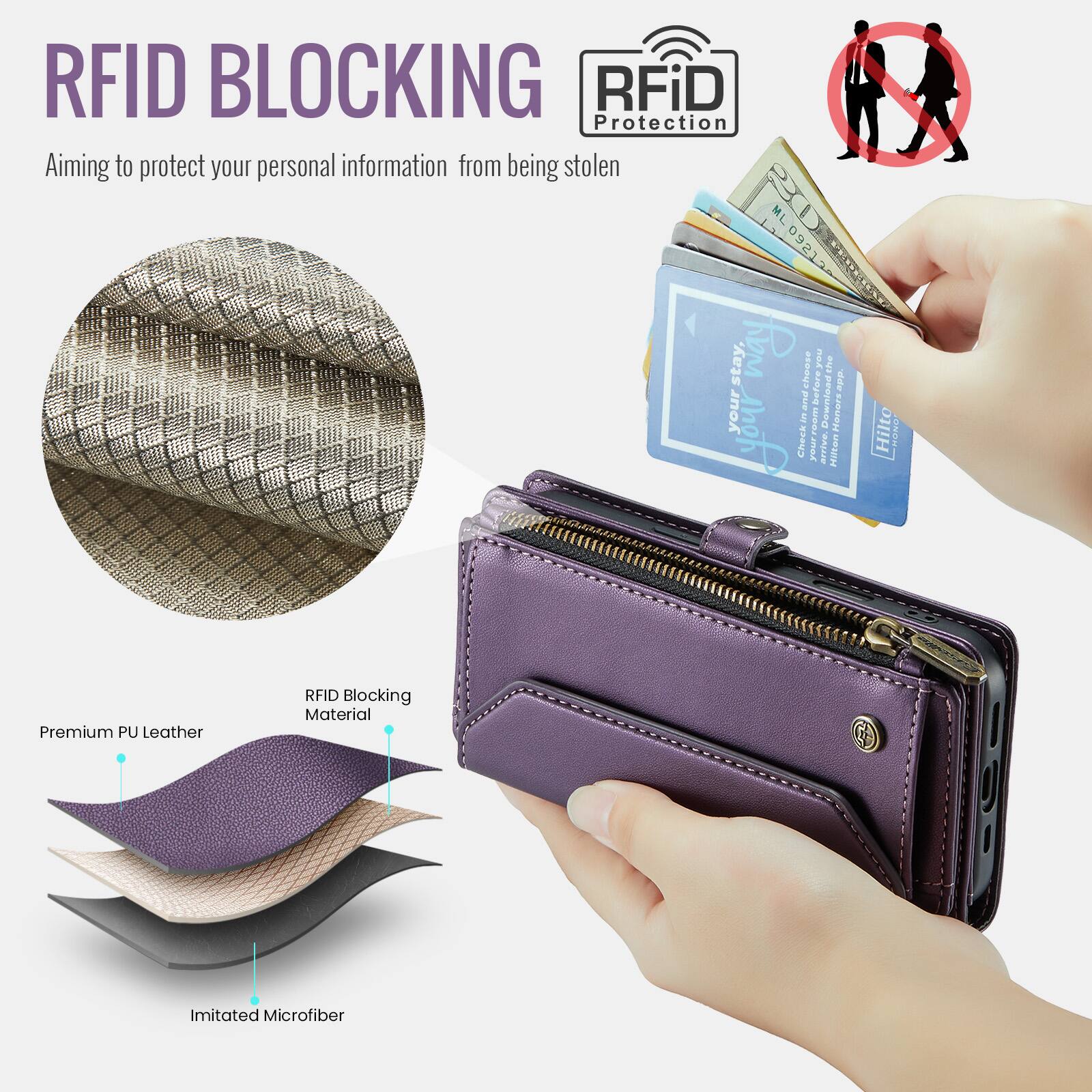 RFID BLOCKING  
Aiming to protect your personal information from being stolen  

RFiD Protection  

Premium PU Leather RFID Blocking Material  
Imitated Microfiber