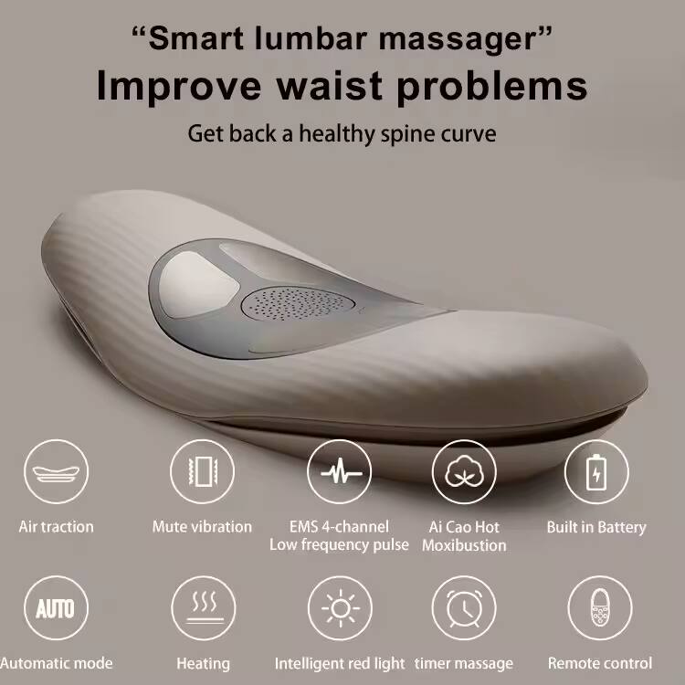 "Smart lumbar massager"  
Improve waist problems  
Get back a healthy spine curve  

- Air traction  
- Mute vibration  
- EMS 4-channel Low frequency pulse  
- Ai Cao Hot Moxibustion  
- Built-in Battery  
- AUTO Automatic mode  
- Heating  
- Intelligent red light  
- Timer massage  
- Remote control