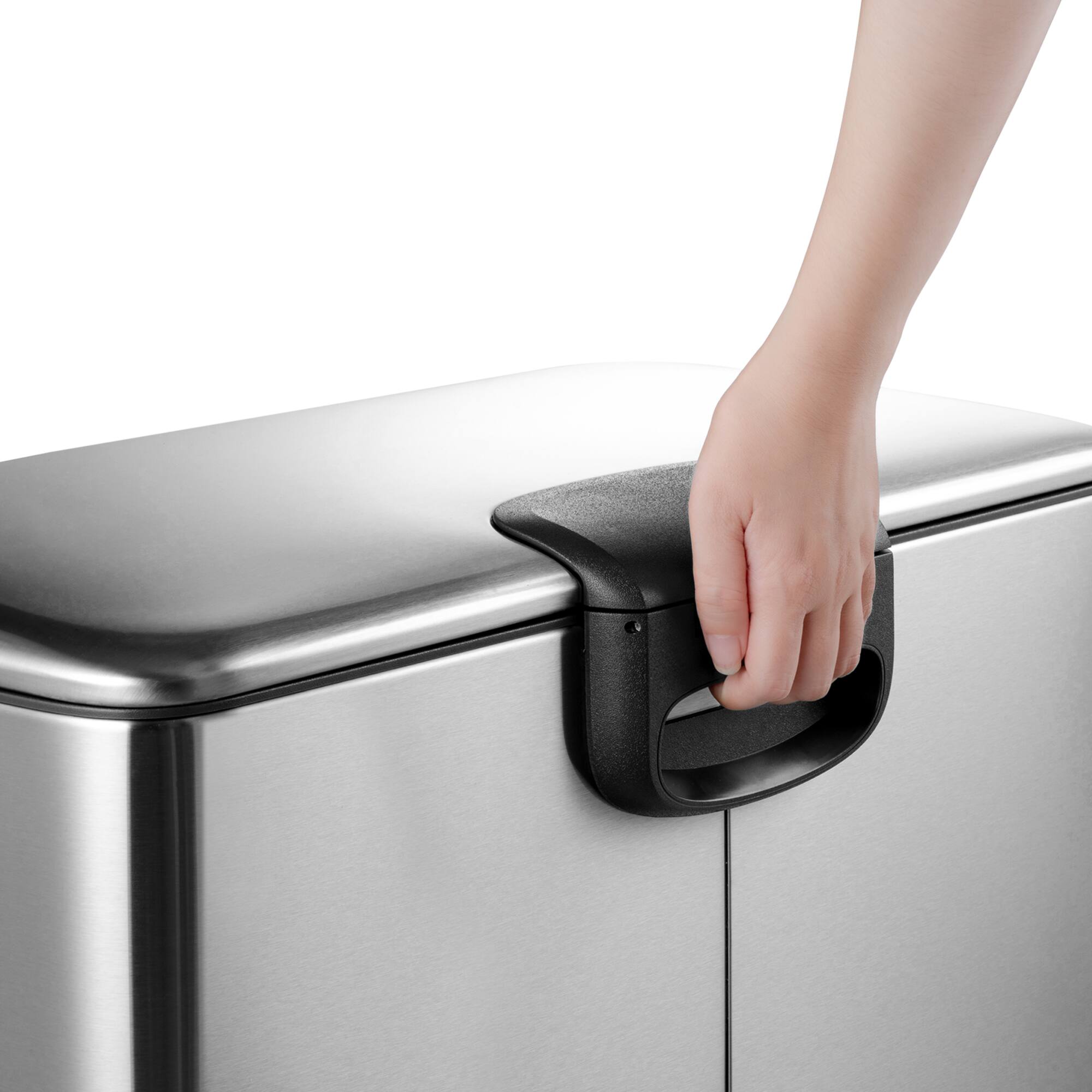 Back. Innovaze - 9.5 Gallon Trash Can, 4.75 Gallon Dual Compartment Recycling Step-On Kitchen Trash Can, Stainless Steel - Sliver.