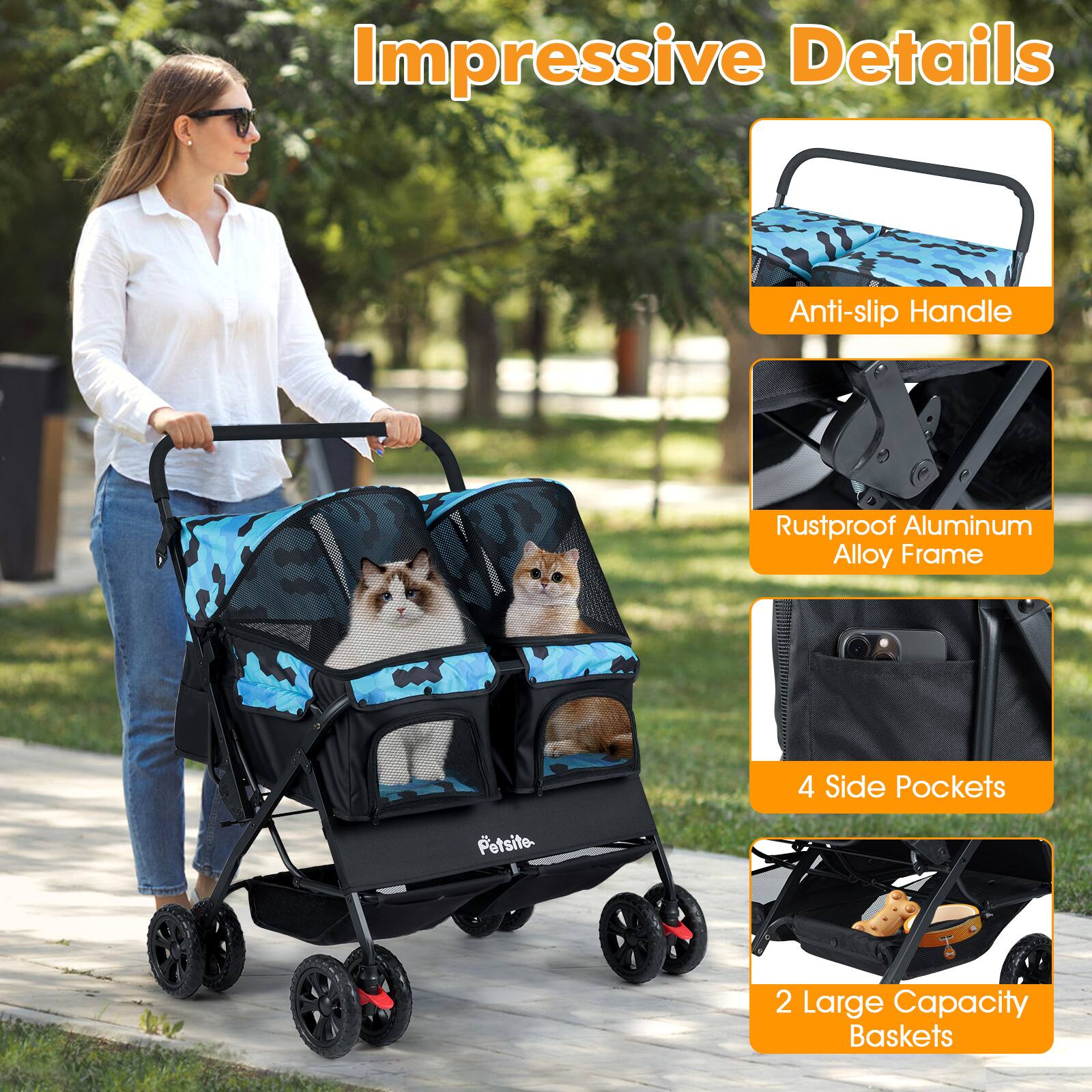 Impressive Details

- Anti-slip Handle
- Rustproof Aluminum Alloy Frame
- 4 Side Pockets
- 2 Large Capacity Baskets