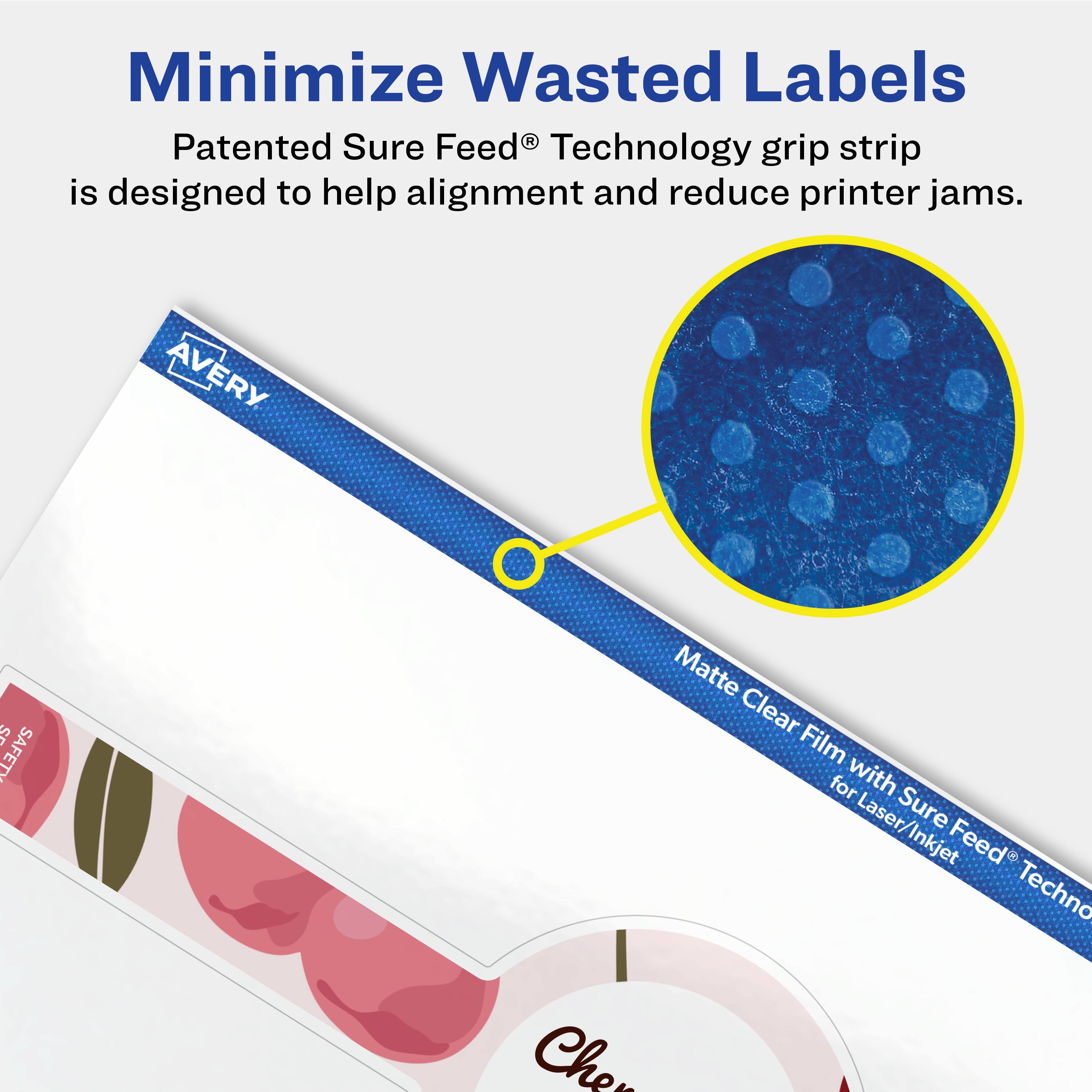Minimize Wasted Labels

Patented Sure Feed® Technology grip strip is designed to help alignment and reduce printer jams.

Avery S Matte Clear Film for Laser/Inkjet with Sure Feed® Technology