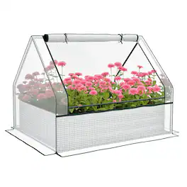 Outsunny - Raised Garden Bed, Outdoor Metal Planter Box with Mini Greenhouse - White and Silver