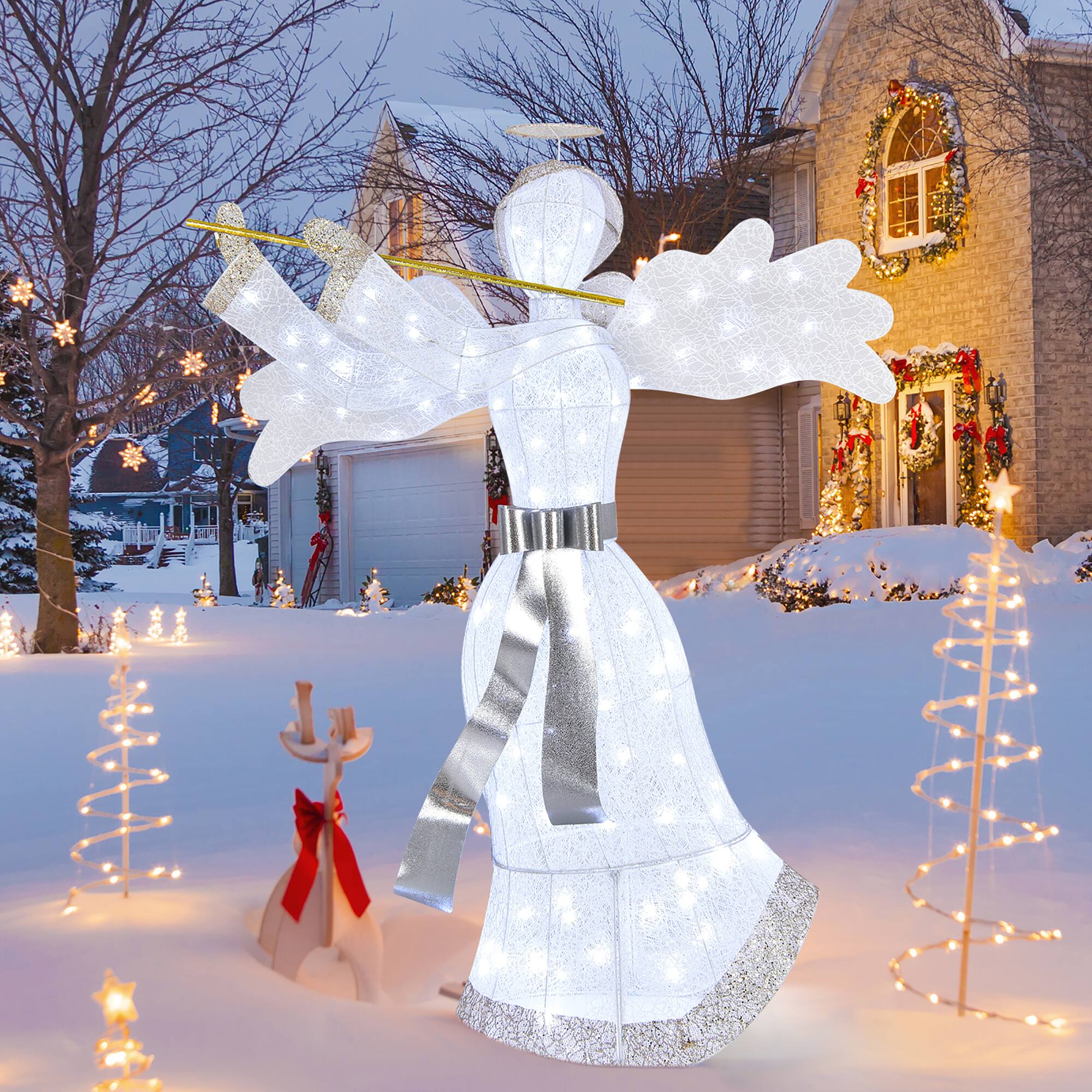 Alt View 2. Costway - Pre-Lit Angel Christmas Decoration, Artificial Christmas Decor w/ 100 LED Lights - White/Gold.