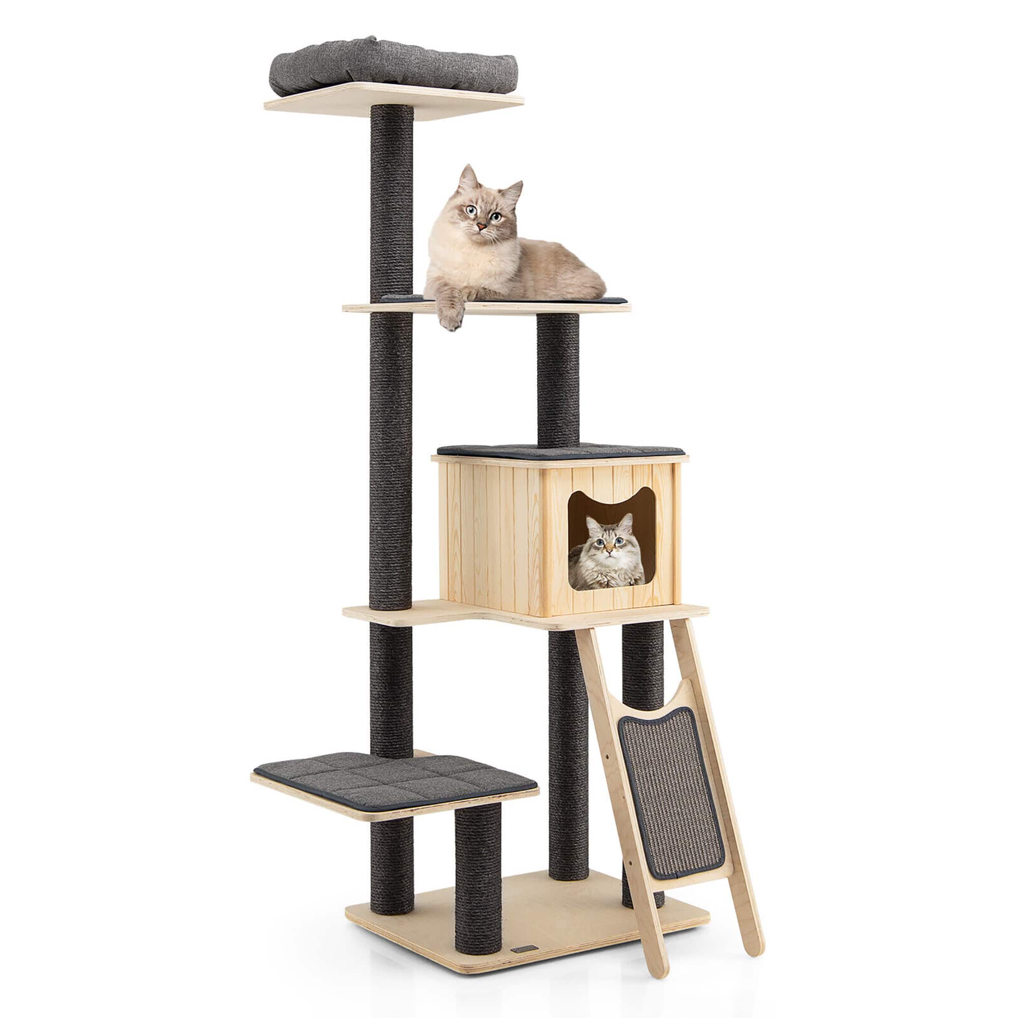 Front. Gymax - Gymax 69 in Modern Wood Cat Tree 5-Tier Tall Cat Tower w/ Washable Cushions.