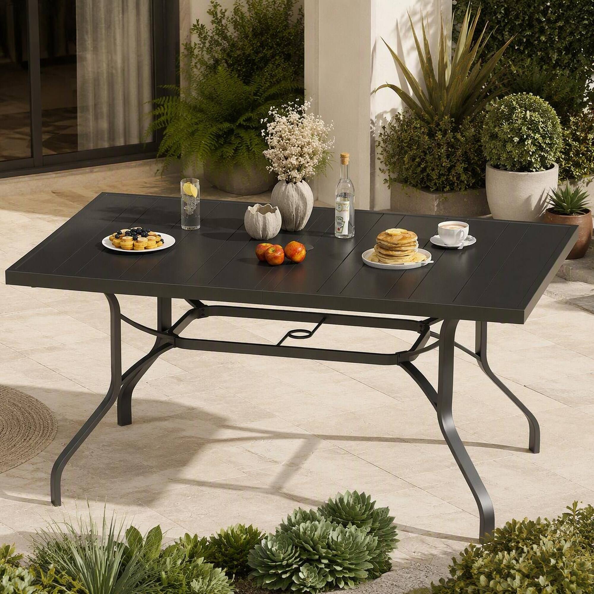 Left. RYHNUYNE - 60" Rectangle Outdoor Patio Dining Table,Metal Outdoor Table With Umbrella Hole for Garden Backyard Poolside - Black.