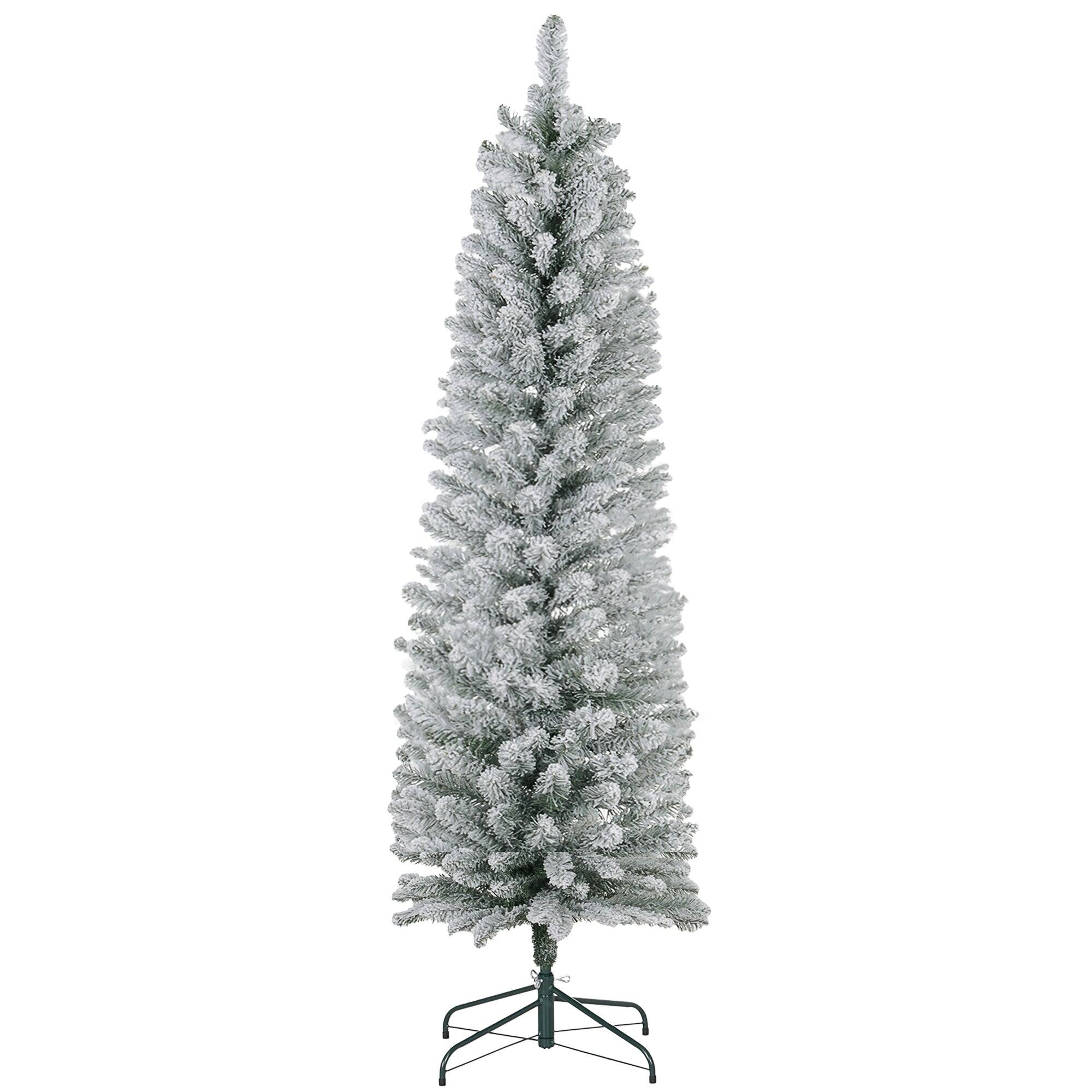 Left. BreeBe - 5ft Artificial Pencil Christmas Tree with 263 Snow Flocked Tips - Green.
