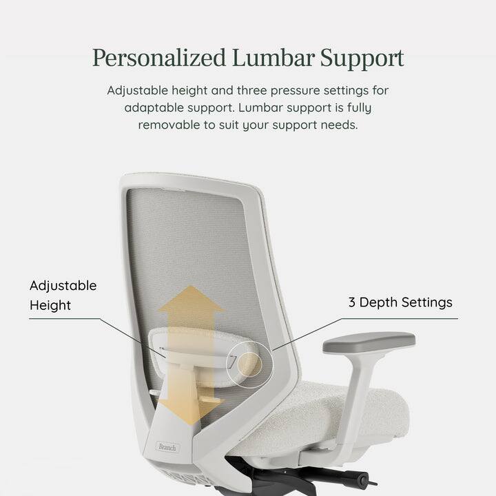 Personalized Lumbar Support

Adjustable height and three pressure settings for adaptable support. Lumbar support is fully removable to suit your support needs.

Adjustable Height

3 Depth Settings
