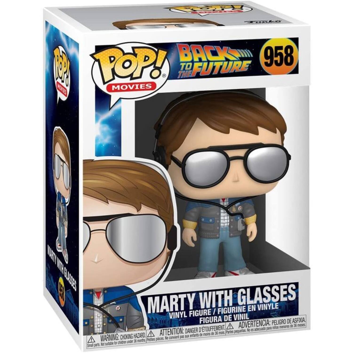 POP! MOVIES BACK TO THE FUTURE 958 MARTY WITH GLASSES VINYL FIGURINE EN VINYLE FIGURINE / FIGURA DE VINIL ADVERTENCIA: PELIGRO DE ASFIXIA ATTENTION: DANGER CHOKING HAZARD WARNING: CHOKING HAZARD Petites pièces, ne conviennent pas aux enfants de moins de 36 mois. Parts pequenas. No se convierten para niños menores de 3 años. Small parts. Not suitable for children under 36 months.