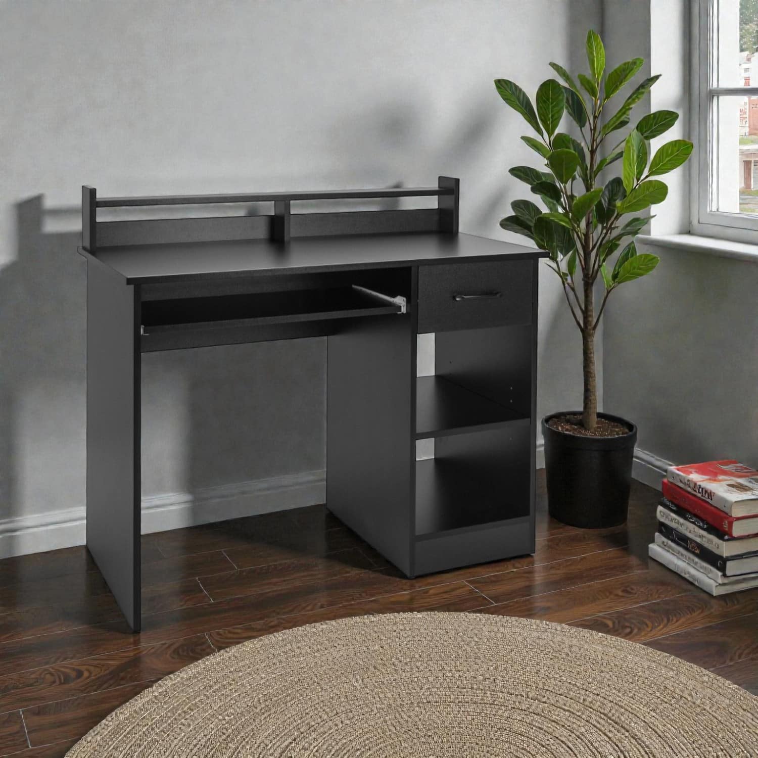 Hivvago - Functional Study Desk with Keyboard Slider and Hidden Storage Drawer - Black