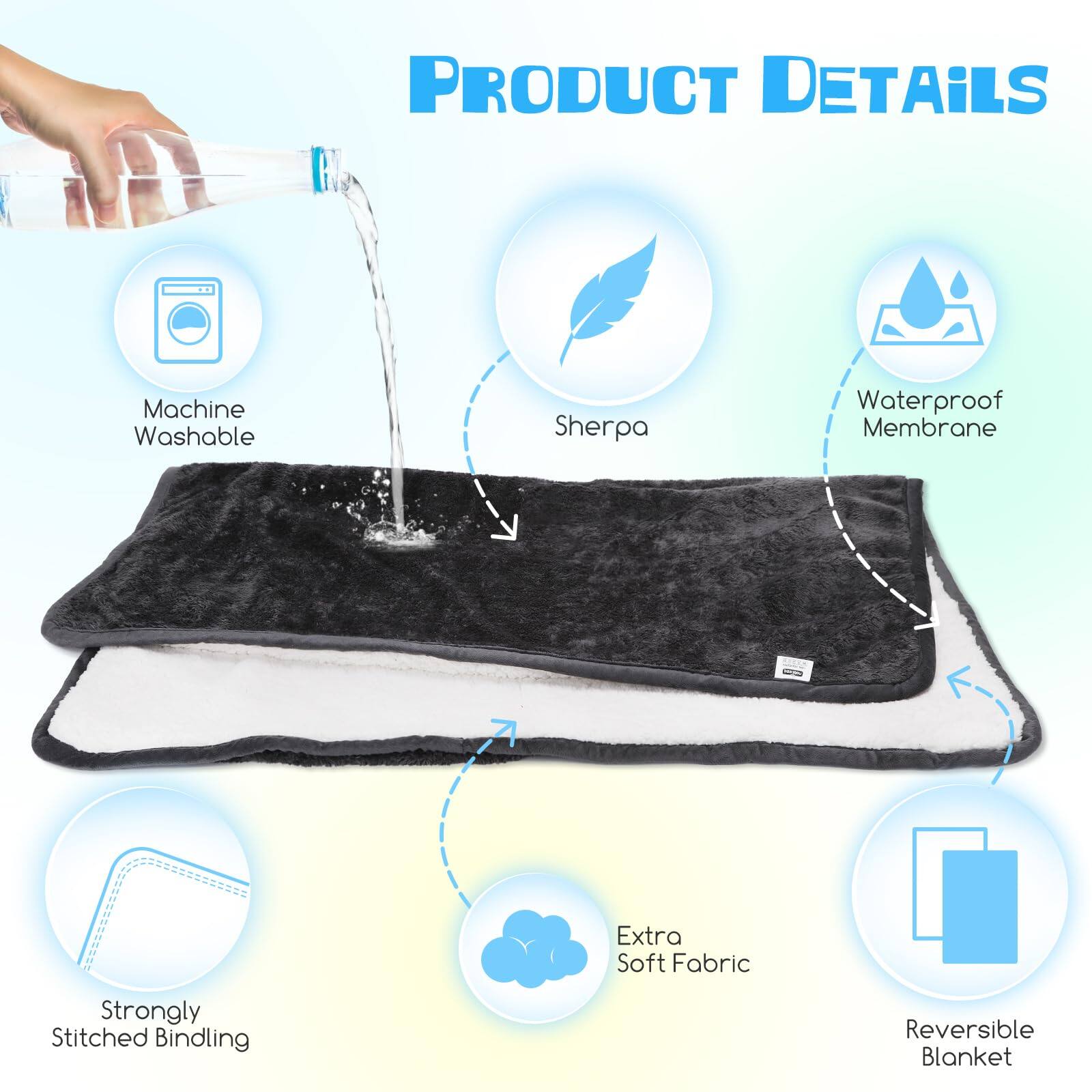 PRODUCT DETAILS

- Machine Washable
- Sherpa
- Waterproof Membrane
- Strongly Stitched Binding
- Extra Soft Fabric
- Reversible Blanket