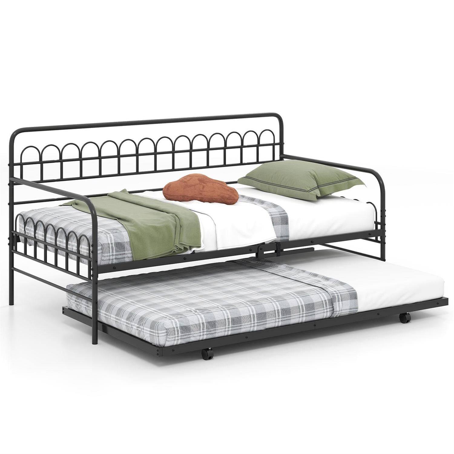 Alt View 3. Pefilos - Twin Size Daybed, Curved Backrest & Armrests, 13+13 Heavy-Duty Metal Slats, Extra Support Leg, Trundle - Black.