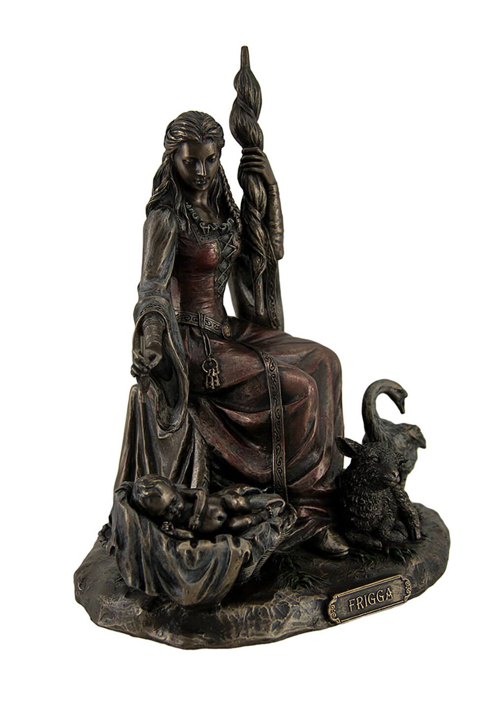 Alt View 2. Veronese Design - Frigga Norse Goddess of Destiny Love and Marriage w/Infant Animals & Spindle - Bronze.