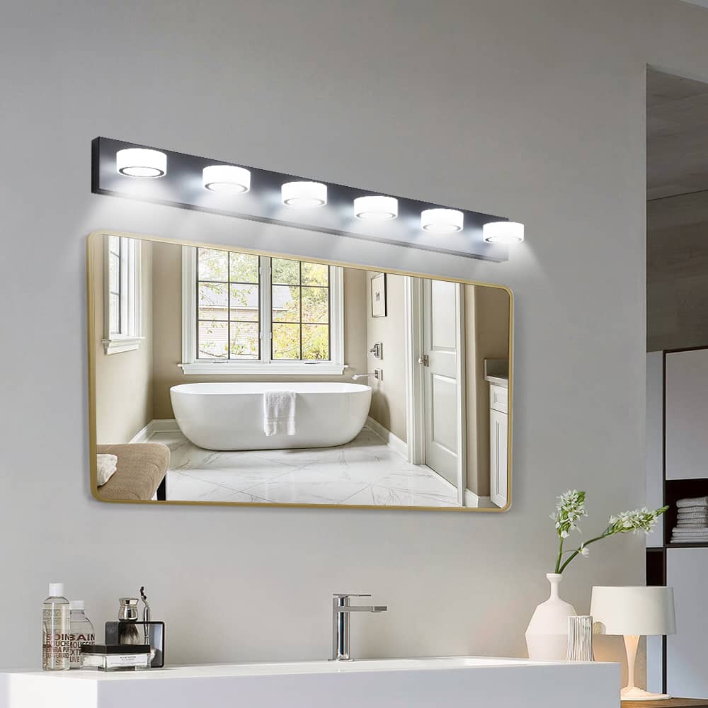 Akoasm - Black 45" Modern 6-Light LED Vanity Light with Adjustable Acrylic Shades, Dimmable Bathroom Mirror & Shower Wall Fixture