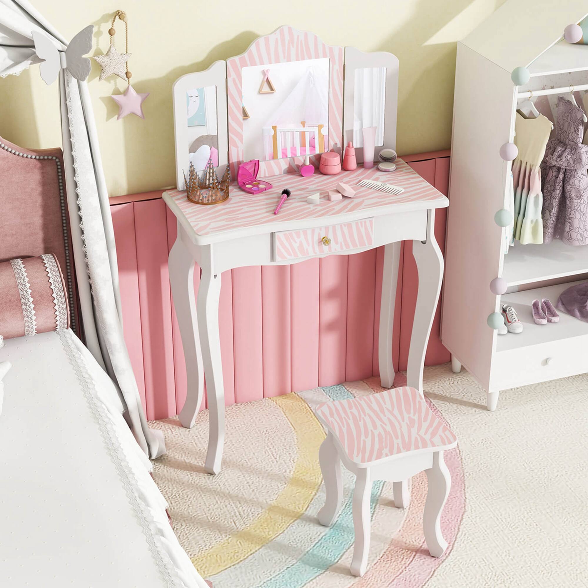 Costway Kids Vanity Set Toddler Makeup Table & Stool with Tri folding ...