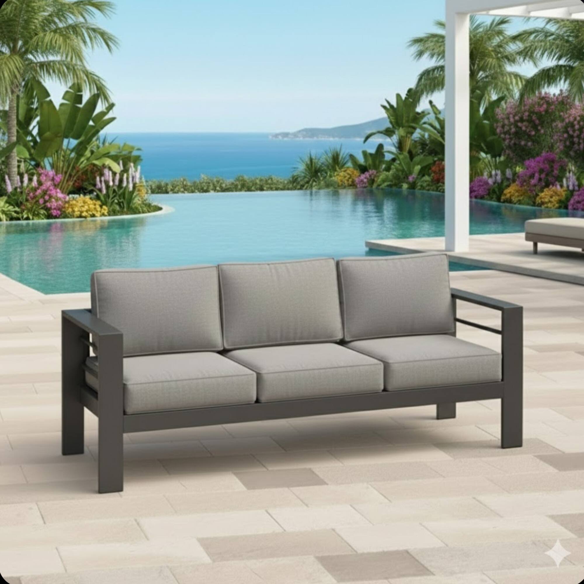 Angle. Mondawe - 75" 3-Seat Metal Patio Sofa Couch with Cushions - Black+Grey.