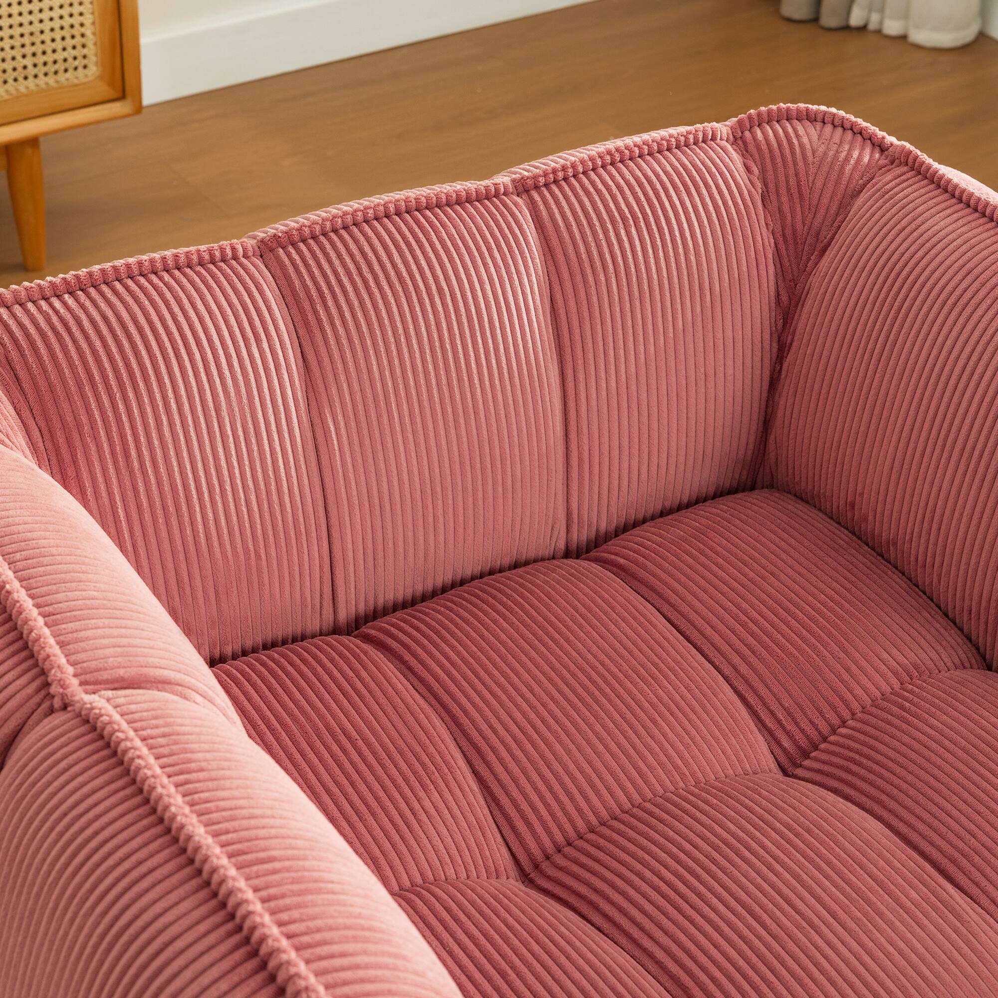 Back. KERDOM - Corduroy Pumpkin Sofa Chair, Plush Upholstered Singe Couch, Pumpkin Barrel Reading Chair Round Cloud Armchair for Vanity - Pink.