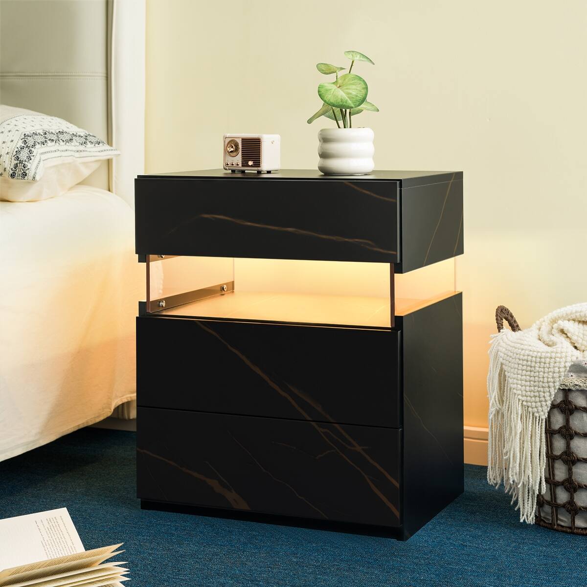 Alt View 2. Loheer - Loheer 3 Drawer LED Nightstand, Black and Gold Acrylic Panel Bedside Table - Black and Gold.