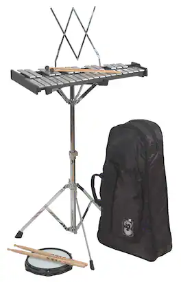 CB Percussion - 32-Note Bell Set and 8" Tunable Practice Pad Kit with Dual-Purpose Stand, Music Rack, Mallets and Backpack Carry Bag
