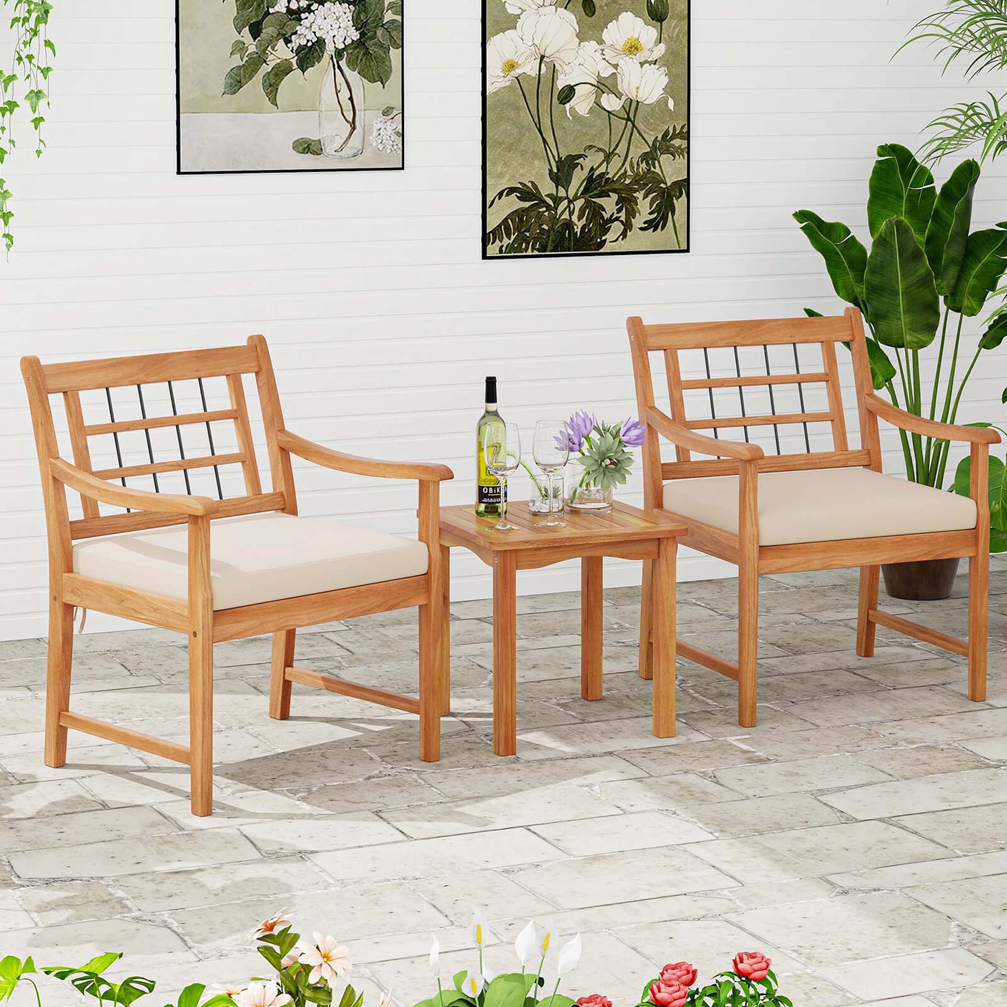 Alt View 4. Costway - 3 Pieces Acacia Wood Patio Bistro Set Outdoor Conversation Set with Cushions - Off White,Natural.