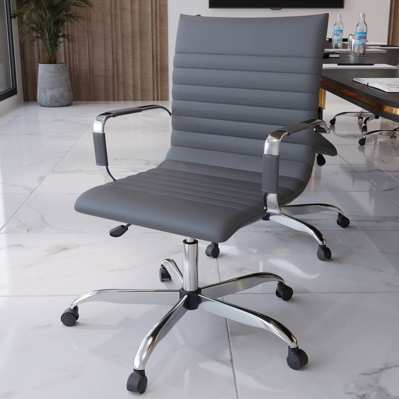 Angle. LeisureMod - Harris Mid-Back Leather Office Chair Adjustable Height Tilt Computer Task Chair with 360-Degree Swivel - Grey.
