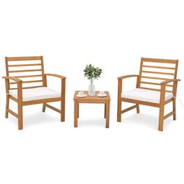 Costway - 3 PCS Outdoor Furniture Set Acacia Wood Conversation Set with Soft Seat Cushions - White