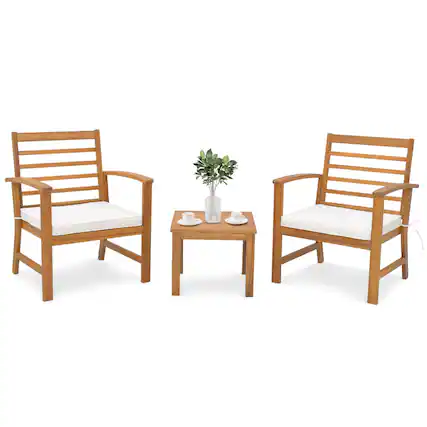 Front. Costway - Costway 3 PCS Outdoor Furniture Set Acacia Wood Conversation Set with Soft Seat Cushions - White.