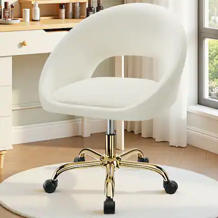 Front. KERDOM - Vanity Chair with Back & Wheel, Smooth Tech Fabric & Wide Cushion Home Office Chair, Makeup Chair Breathable Hollow Back - Beige.