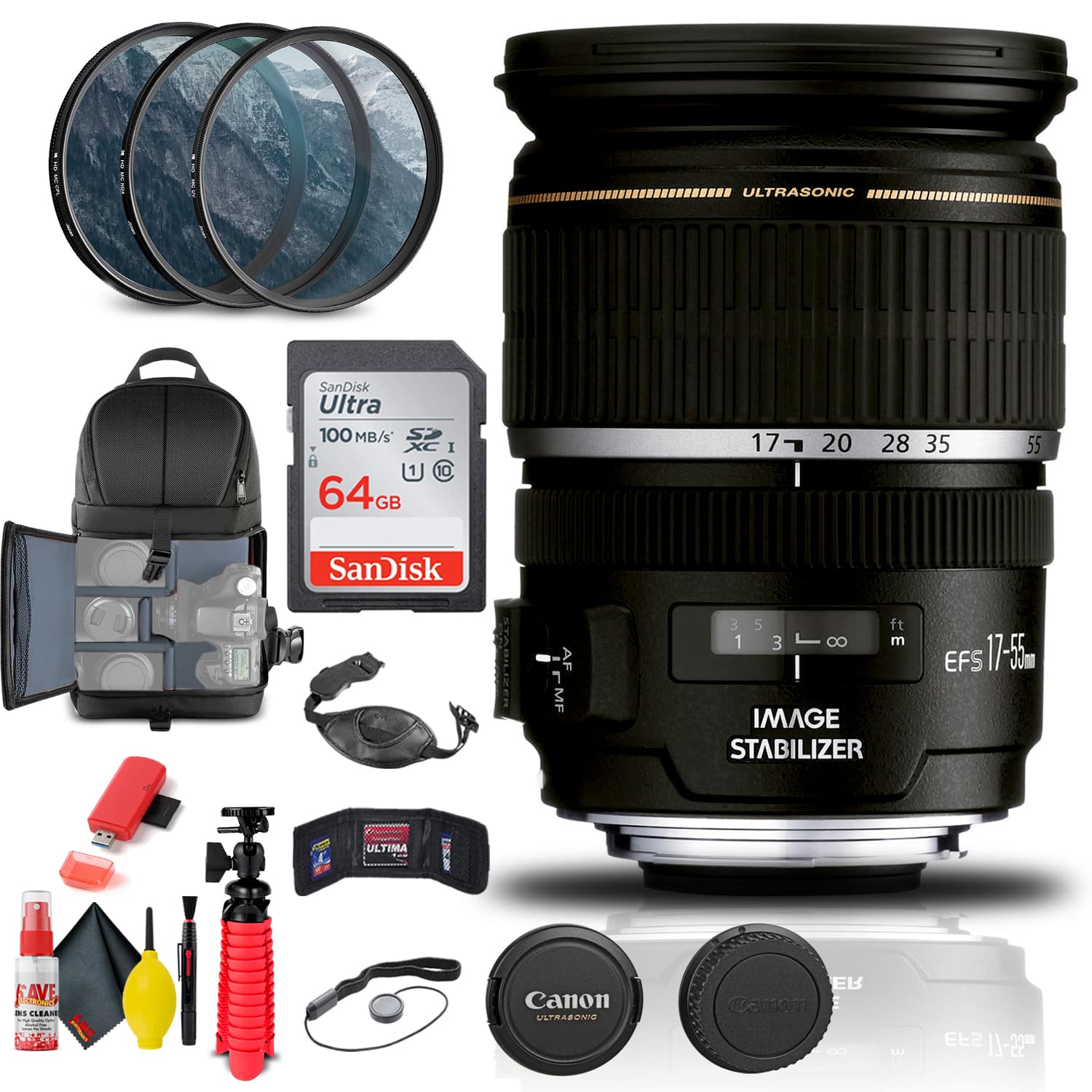 Canon - EF-S 17-55mm f/2.8 IS USM Lens (1242B002) + Filter Kit + BackPack + More (International Version)