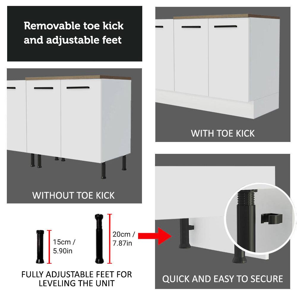 Removable toe kick and adjustable feet

WITH TOE KICK

WITHOUT TOE KICK

15cm / 5.90in

20cm / 7.87in

FULLY ADJUSTABLE FEET FOR LEVELING THE UNIT

QUICK AND EASY TO SECURE