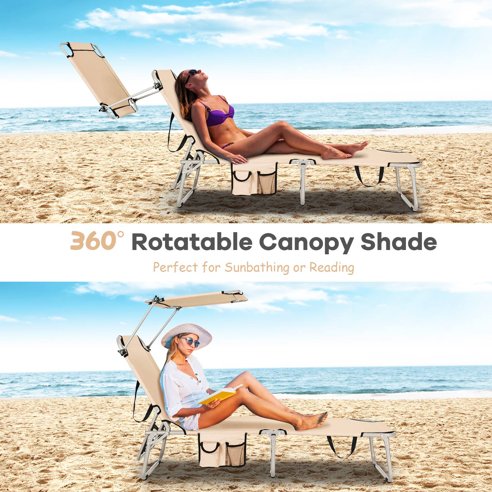 360° Rotatable Canopy Shade  
Perfect for Sunbathing or Reading