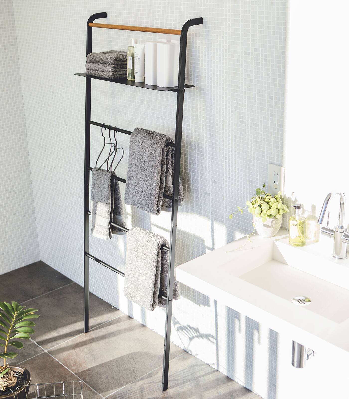 Left. Yamazaki Home - Leaning Storage Ladder With Shelf (63" H)  - Steel - Black.