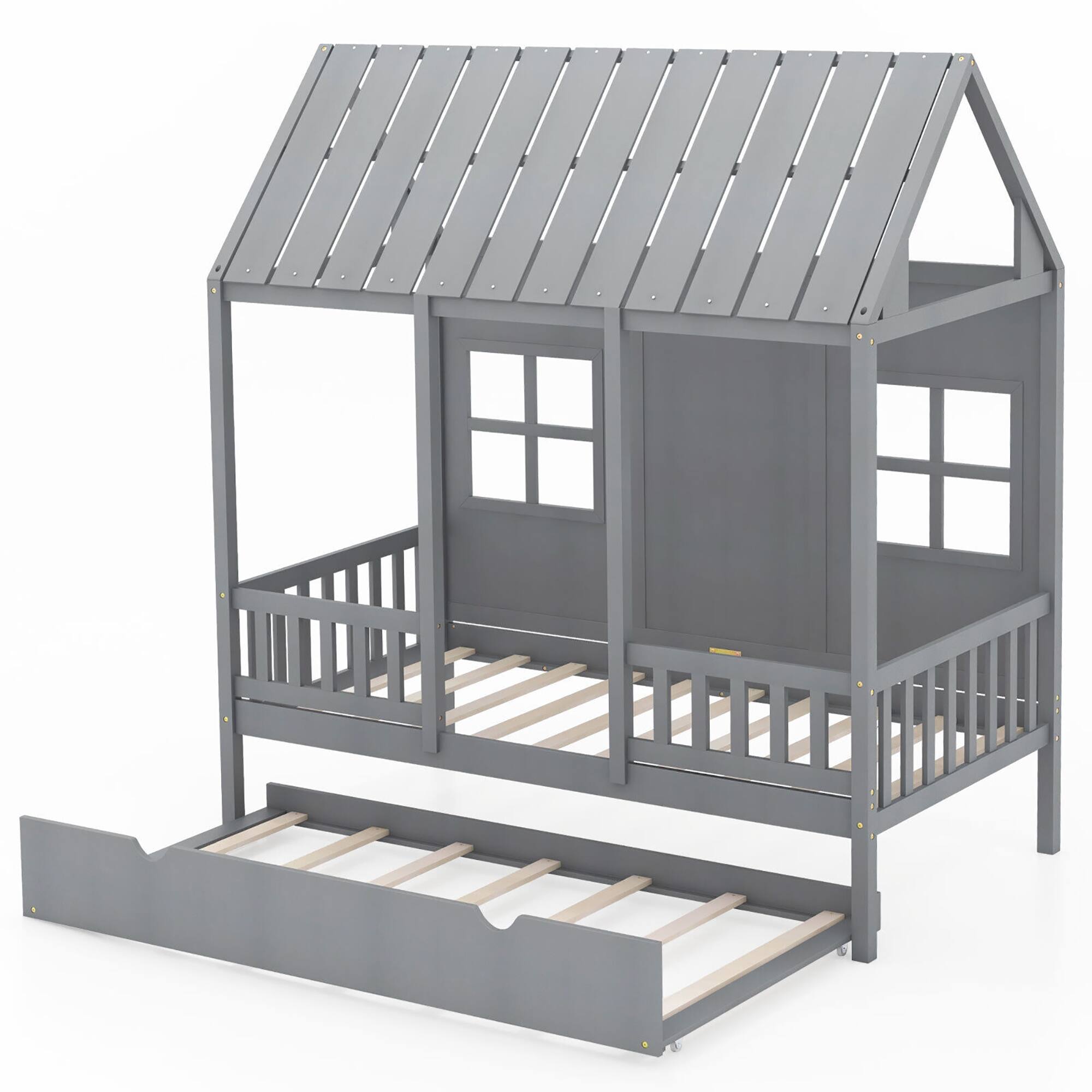 Alt View 1. Gymax - Gymax Twin Size House Bed with Trundle Fence Decor Wooden Windows Tall Roof Gray - Gray.