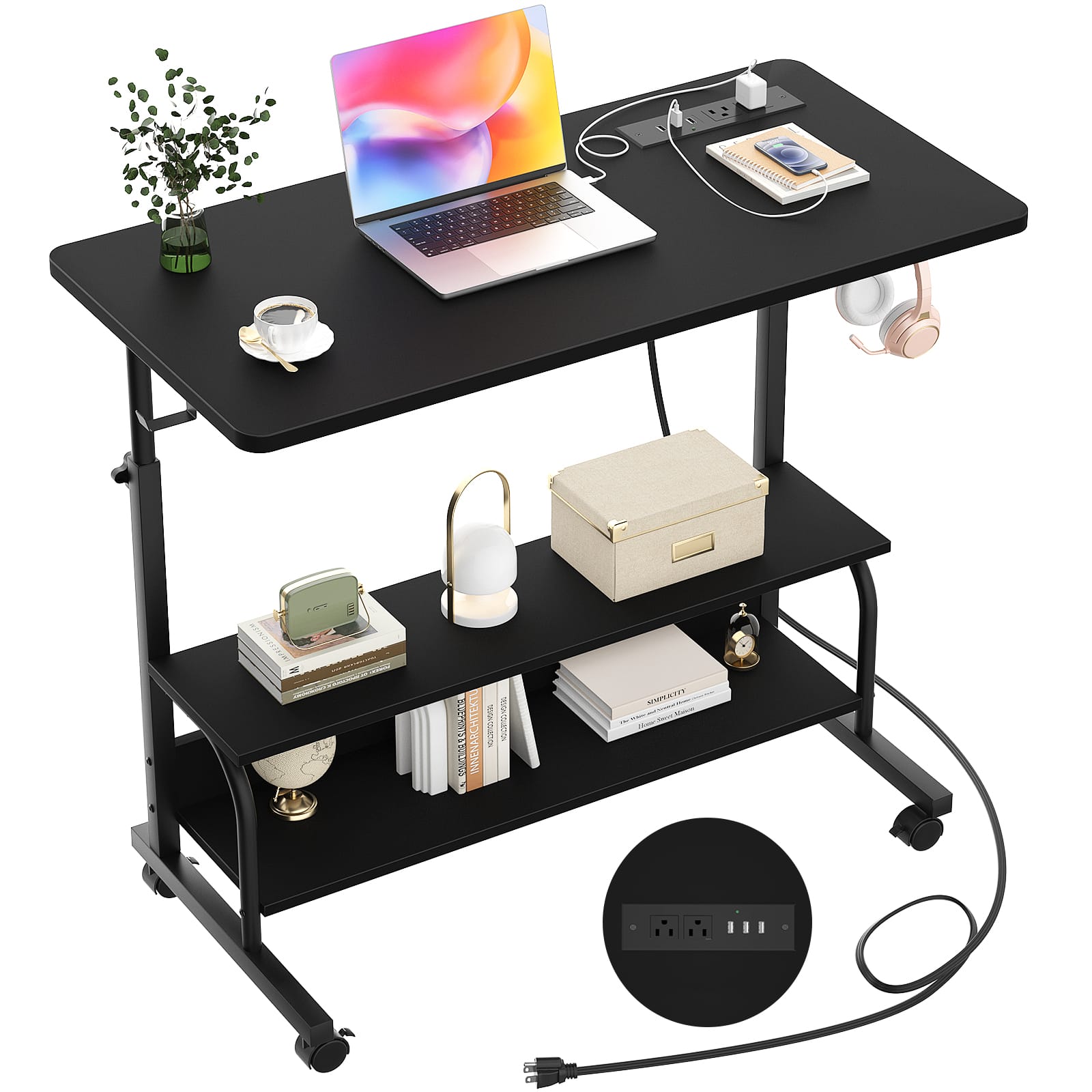 Aheaplus - Small Height Adjustable Standing Desk with Power Outlets and Shelves, Max Height 41 Inches - Black