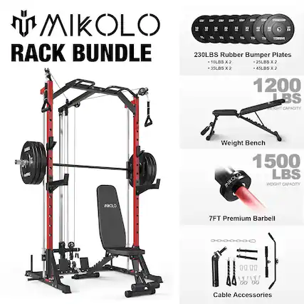 MIKOLC RACK BUNDLE
230LBS Rubber Bumper Plates
- 10LBS x 2
- 25LBS x 2
- 35LBS x 2
- 45LBS x 2
1200 LBS WEIGHT CAPACITY
Weight Bench
1500 LBS WEIGHT CAPACITY
7FT Premium Barbell
Cable Accessories